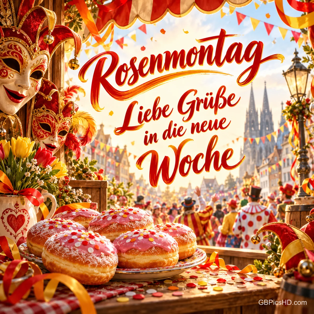 Karnevalsmasken, Blumen und Berliner vor einer festlichen Straße mit "Rosenmontag Liebe Grüße in die neue Woche".