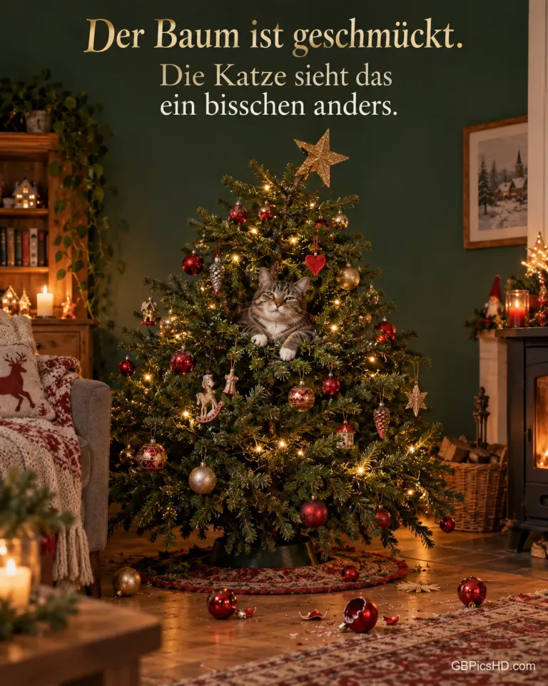 Eine Katze sitzt stolz mitten im geschmückten Weihnachtsbaum, mehrere Kugeln liegen schon auf dem Boden, dazu "Der Baum ist geschmückt".