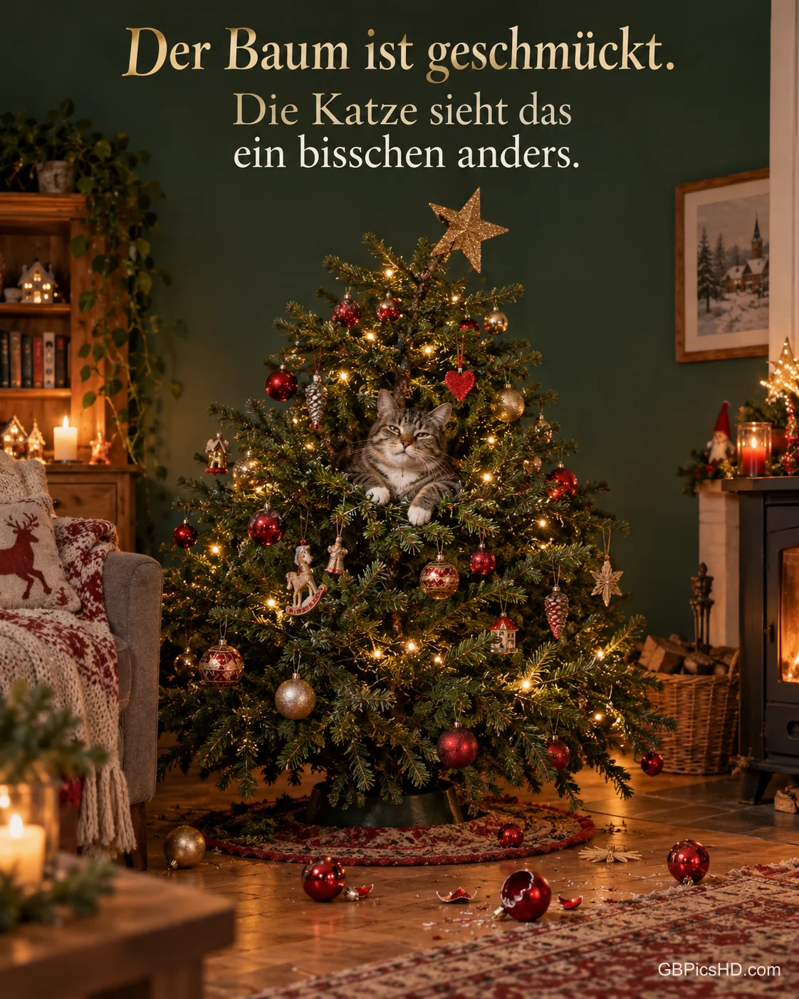 Eine Katze sitzt stolz mitten im geschmückten Weihnachtsbaum, mehrere Kugeln liegen schon auf dem Boden, dazu "Der Baum ist geschmückt".