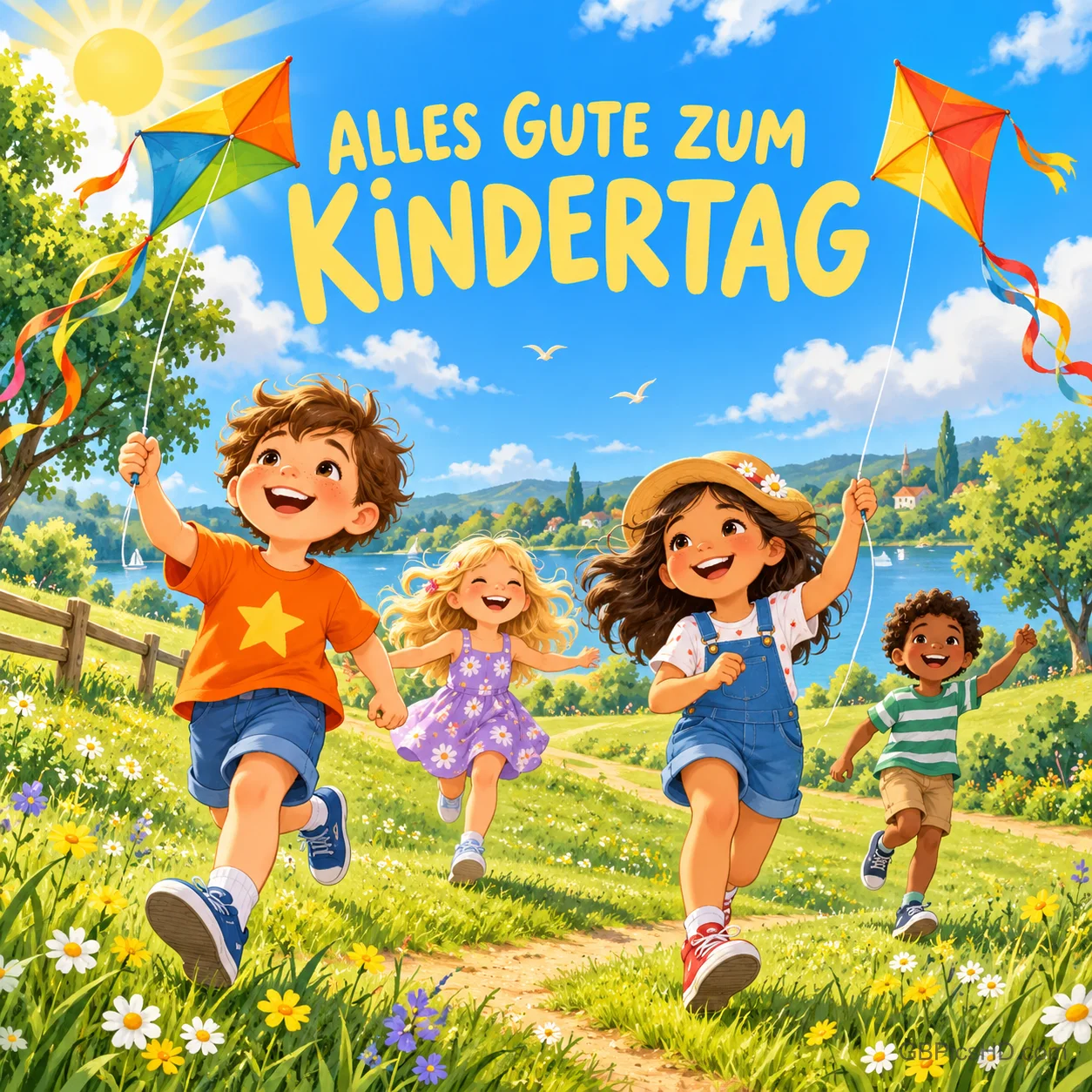 Gezeichnete Kinder laufen lachend mit bunten Drachen über eine Sommerwiese am See, darüber der Schriftzug "Alles Gute zum Kindertag". Gezeichnete Kinder laufen lachend mit bunten Drachen über eine Sommerwiese am See, darüber der Schriftzug "Alles Gute zum Kindertag".