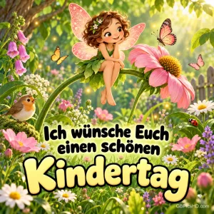 Gezeichnete kleine Fee sitzt auf einer rosa Blüte in einem Zaubergarten mit Schmetterlingen und dem Gruß "Ich wünsche Euch einen schönen Kindertag".