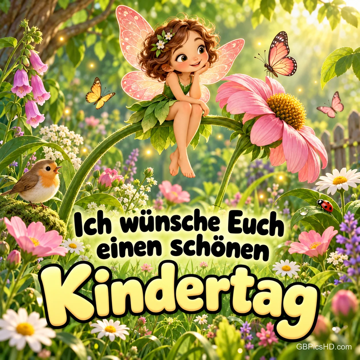 Gezeichnete kleine Fee sitzt auf einer rosa Blüte in einem Zaubergarten mit Schmetterlingen und dem Gruß "Ich wünsche Euch einen schönen Kindertag". Gezeichnete kleine Fee sitzt auf einer rosa Blüte in einem Zaubergarten mit Schmetterlingen und dem Gruß "Ich wünsche Euch einen schönen Kindertag".