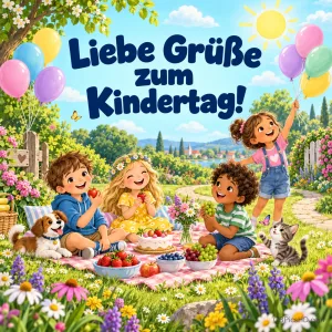 Gezeichnete Kinder feiern mit Hund, Katze, Kuchen und Luftballons ein Picknick im Garten, darüber steht "Liebe Grüße zum Kindertag!".