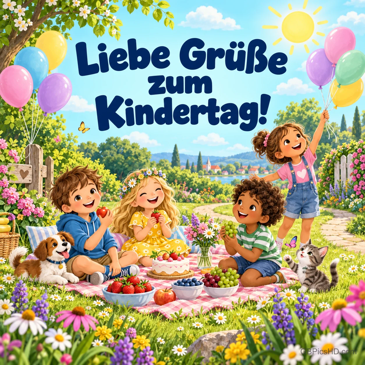 Gezeichnete Kinder feiern mit Hund, Katze, Kuchen und Luftballons ein Picknick im Garten, darüber steht "Liebe Grüße zum Kindertag!". Gezeichnete Kinder feiern mit Hund, Katze, Kuchen und Luftballons ein Picknick im Garten, darüber steht "Liebe Grüße zum Kindertag!".