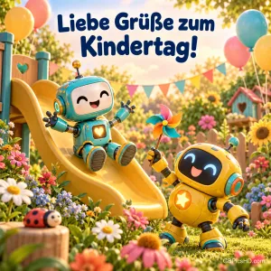 Zwei niedliche Roboter spielen mit Rutsche und Windrad auf einem bunten Spielplatz voller Blumen, dazu der Gruß "Liebe Grüße zum Kindertag!".