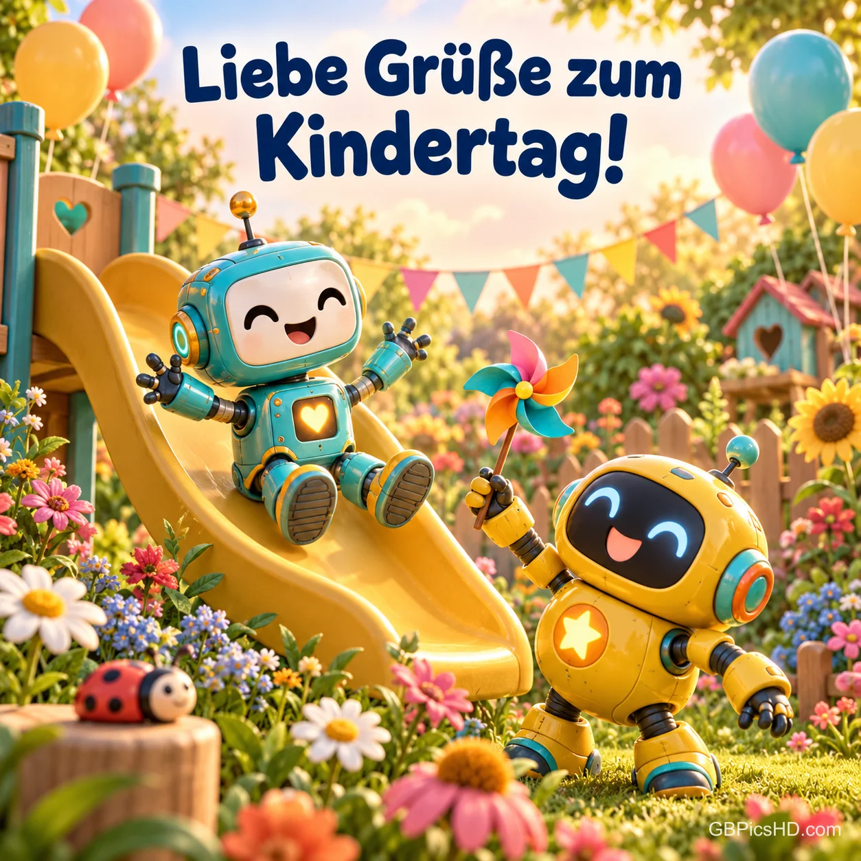 Zwei niedliche Roboter spielen mit Rutsche und Windrad auf einem bunten Spielplatz voller Blumen, dazu der Gruß "Liebe Grüße zum Kindertag!". Zwei niedliche Roboter spielen mit Rutsche und Windrad auf einem bunten Spielplatz voller Blumen, dazu der Gruß "Liebe Grüße zum Kindertag!".