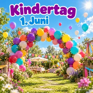 Bunter Luftballonbogen über einem Gartenweg zu einer festlich gedeckten Tafel mit dem Schriftzug "Kindertag 1. Juni".