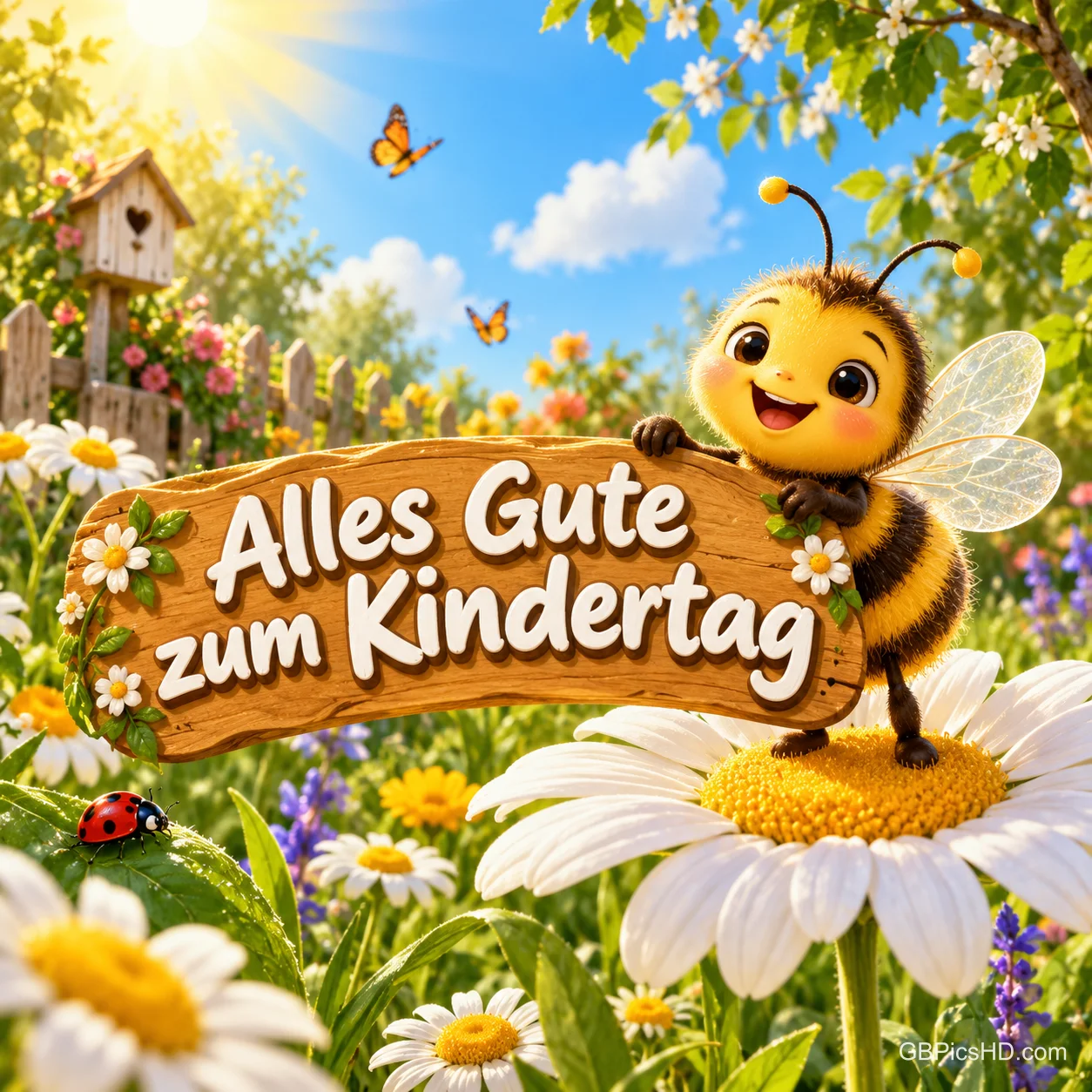 Lachende Comic-Biene auf einem Gänseblümchen hält ein Holzschild mit der Aufschrift "Alles Gute zum Kindertag" in einem sonnigen Garten. Lachende Comic-Biene auf einem Gänseblümchen hält ein Holzschild mit der Aufschrift "Alles Gute zum Kindertag" in einem sonnigen Garten.