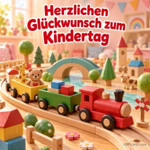 Bunte Holzeisenbahn mit Teddybär und Bauklötzen auf einer Holzbahn in einem Kinderzimmer, darüber "Herzlichen Glückwunsch zum Kindertag".