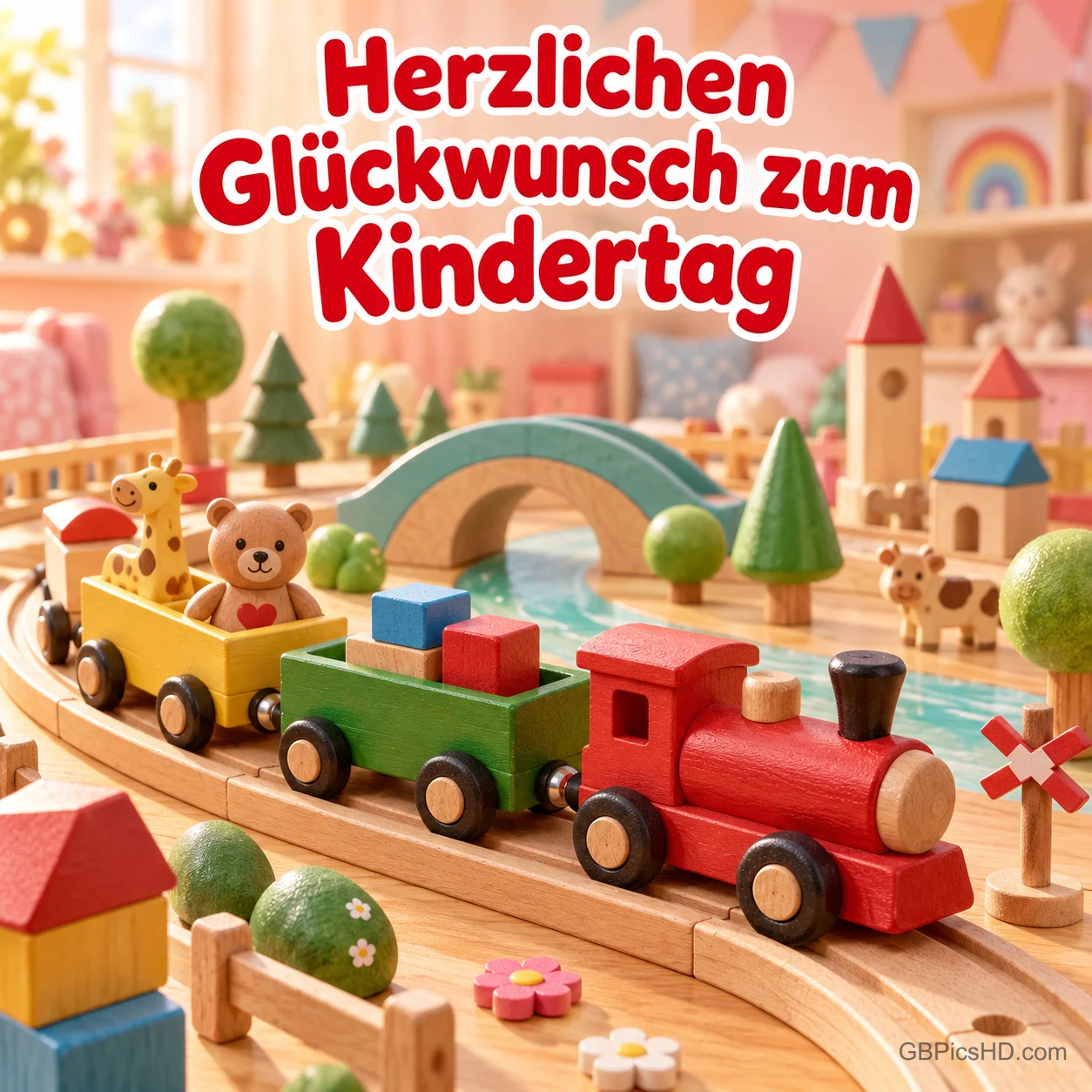 Bunte Holzeisenbahn mit Teddybär und Bauklötzen auf einer Holzbahn in einem Kinderzimmer, darüber "Herzlichen Glückwunsch zum Kindertag". Bunte Holzeisenbahn mit Teddybär und Bauklötzen auf einer Holzbahn in einem Kinderzimmer, darüber "Herzlichen Glückwunsch zum Kindertag".