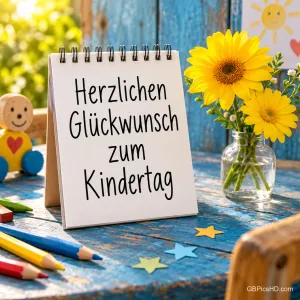 Aufgestellter Spiralblock mit der Aufschrift "Herzlichen Glückwunsch zum Kindertag" auf einem blauen Holztisch mit Buntstiften, Sonnenblumen und Holzfigur.