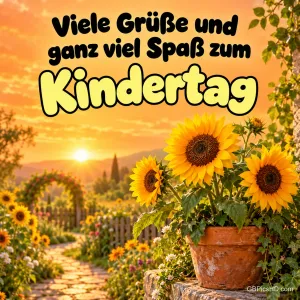 Sonnenblumen im Tontopf in einem Garten bei Sonnenuntergang mit dem Gruß "Viele Grüße und ganz viel Spaß zum Kindertag".