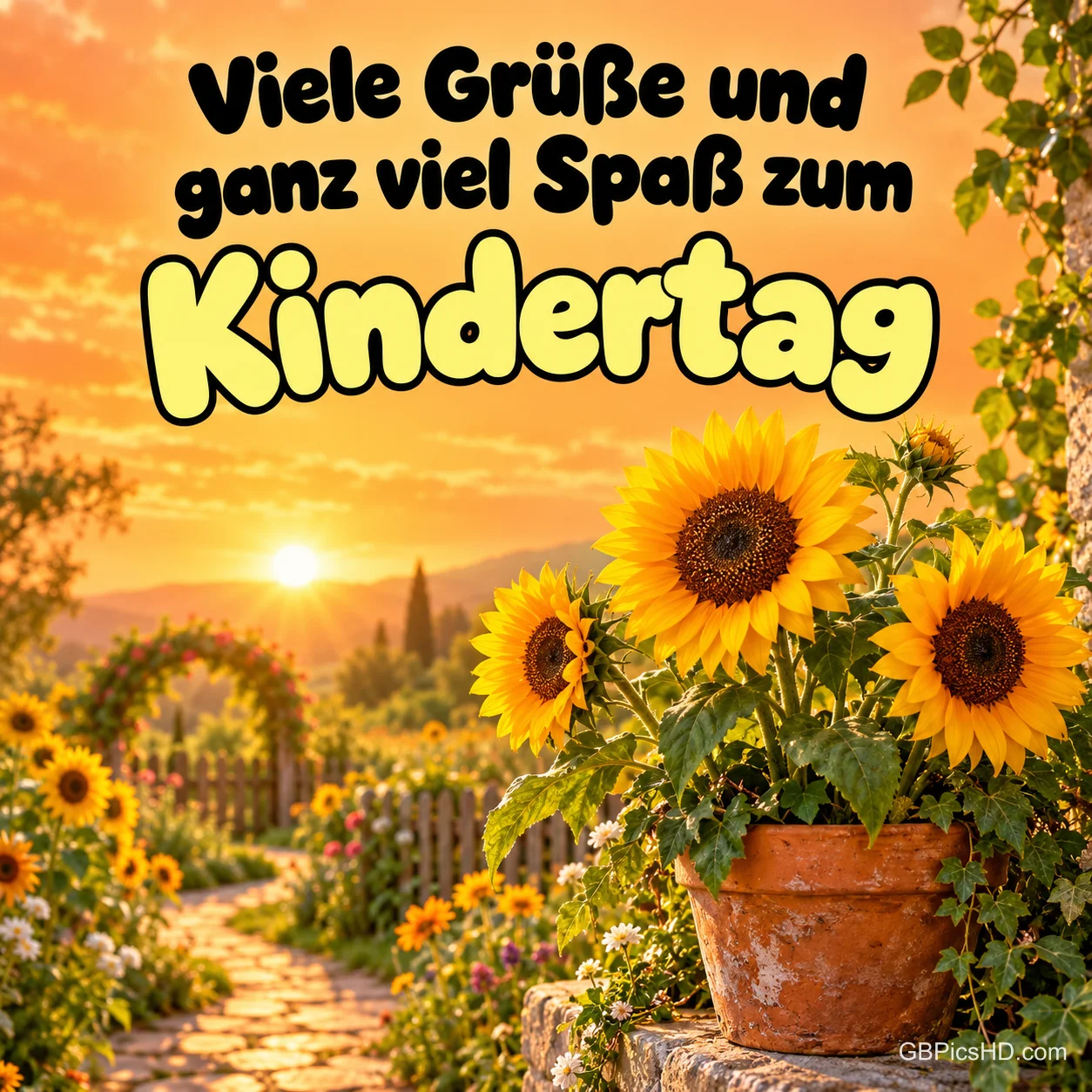 Sonnenblumen im Tontopf in einem Garten bei Sonnenuntergang mit dem Gruß "Viele Grüße und ganz viel Spaß zum Kindertag". Sonnenblumen im Tontopf in einem Garten bei Sonnenuntergang mit dem Gruß "Viele Grüße und ganz viel Spaß zum Kindertag".