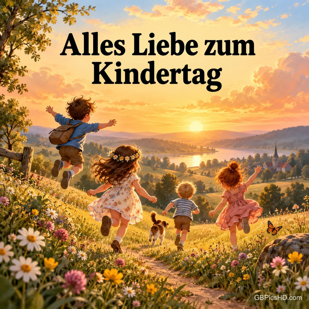 Gezeichnete Kinder springen fröhlich über eine Blumenwiese in den Sonnenuntergang, darüber "Alles Liebe zum Kindertag". Gezeichnete Kinder springen fröhlich über eine Blumenwiese in den Sonnenuntergang, darüber "Alles Liebe zum Kindertag".