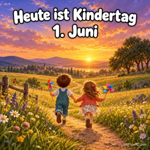 Zwei gezeichnete Kinder laufen von hinten gesehen Hand in Hand mit Windrädern über einen Wiesenweg, darüber "Heute ist Kindertag – 1. Juni".