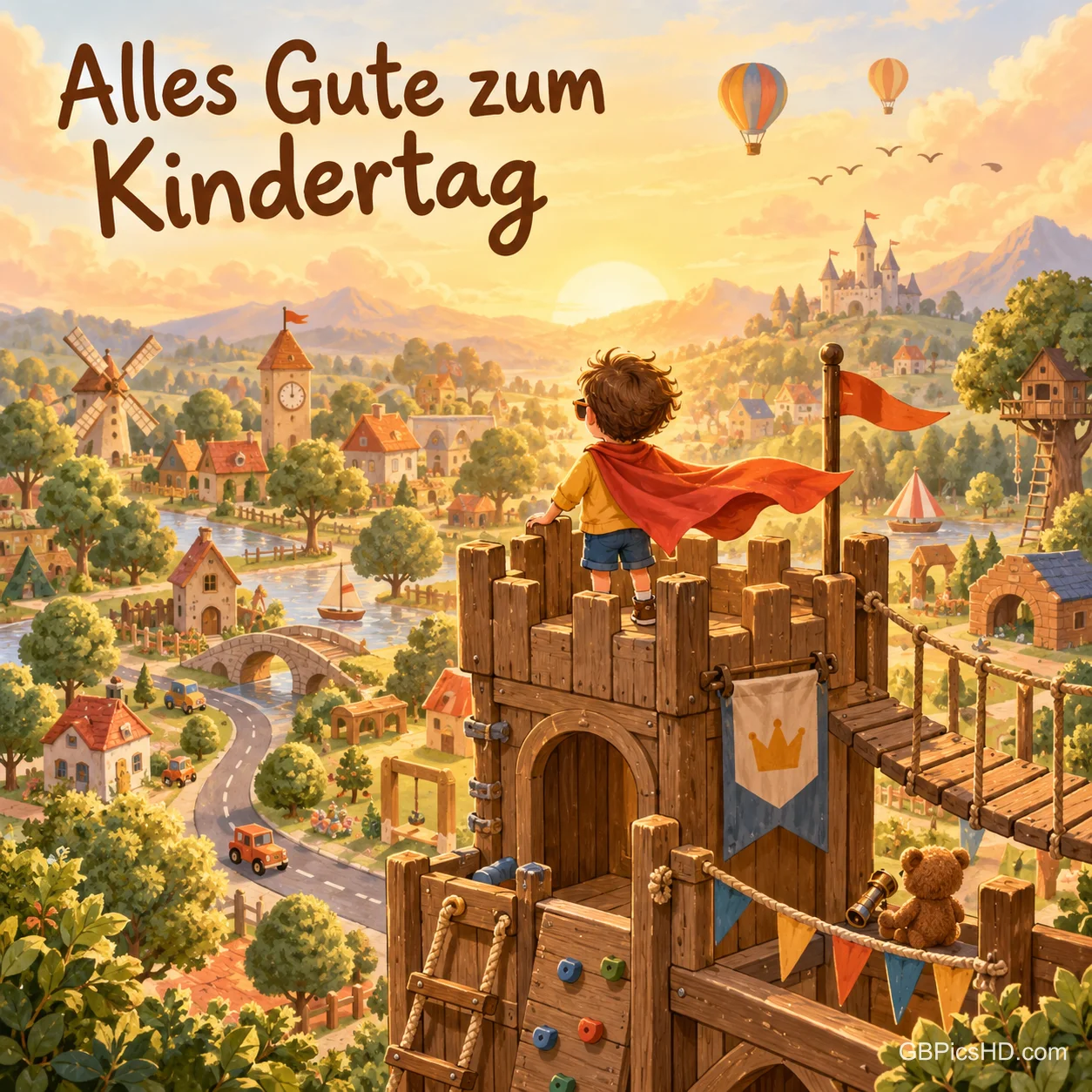 Ein gezeichneter kleiner Superheld mit rotem Umhang steht auf einem Spielturm und blickt über eine bunte Spielzeugstadt, dazu "Alles Gute zum Kindertag". Ein gezeichneter kleiner Superheld mit rotem Umhang steht auf einem Spielturm und blickt über eine bunte Spielzeugstadt, dazu "Alles Gute zum Kindertag".