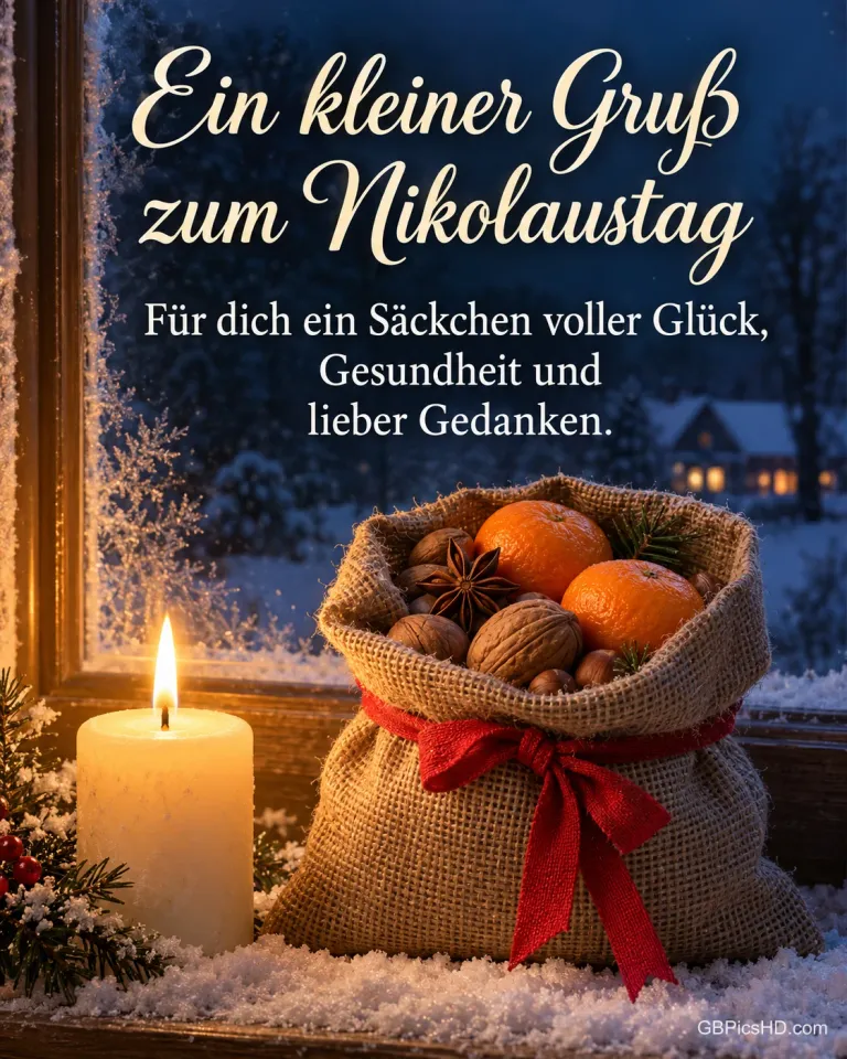 Ein Jutesäckchen mit roter Schleife voller Nüsse, Sternanis und Mandarinen steht neben einer brennenden Kerze auf der verschneiten Fensterbank, dazu "Ein kleiner Gruß zum Nikolaustag".