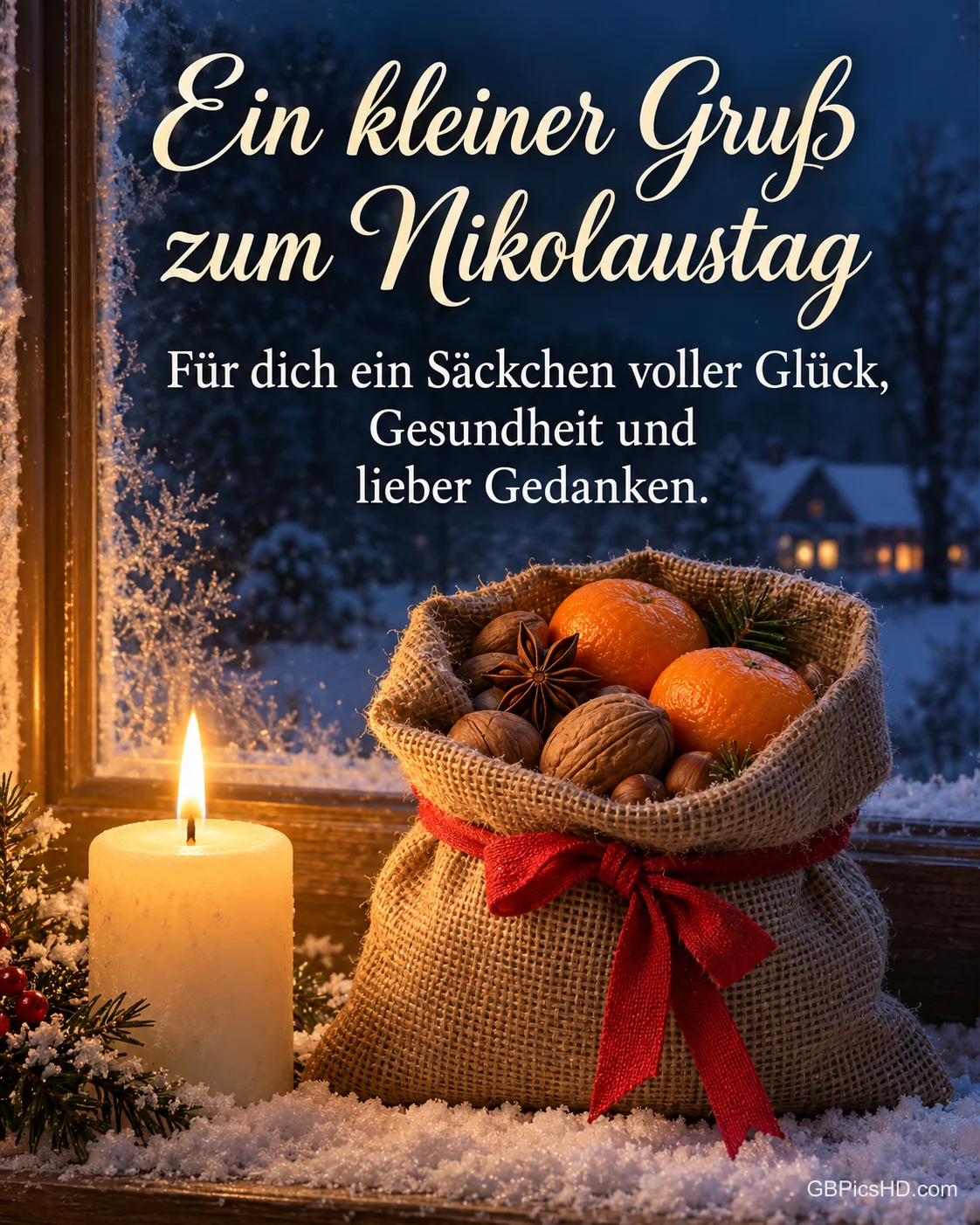 Ein Jutesäckchen mit roter Schleife voller Nüsse, Sternanis und Mandarinen steht neben einer brennenden Kerze auf der verschneiten Fensterbank, dazu "Ein kleiner Gruß zum Nikolaustag".
