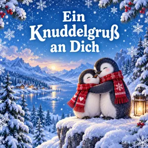 Zwei Pinguine mit roten Strickschals umarmen sich auf einem verschneiten Felsen über einem Bergsee, umgeben von Tannen, Schneeflocken und einer leuchtenden Laterne