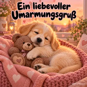 Schlafender goldener Welpe kuschelt sich in einem Strickkorb mit rosa Herzdecke an einen kleinen Teddybären, im Hintergrund warmes Abendlicht und Laternen