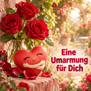 Lächelndes rotes Herz mit Ärmchen umarmt sich selbst vor einer Vase mit roten Rosen auf einer Steinmauer in einem blühenden Rosengarten