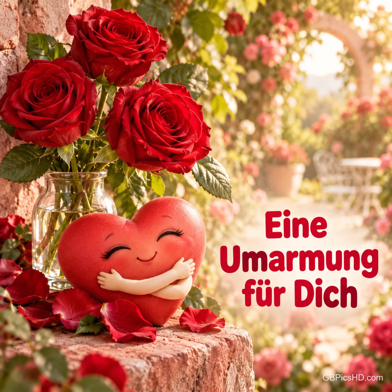 Lächelndes rotes Herz mit Ärmchen umarmt sich selbst vor einer Vase mit roten Rosen auf einer Steinmauer in einem blühenden Rosengarten Lächelndes rotes Herz mit Ärmchen umarmt sich selbst vor einer Vase mit roten Rosen auf einer Steinmauer in einem blühenden Rosengarten