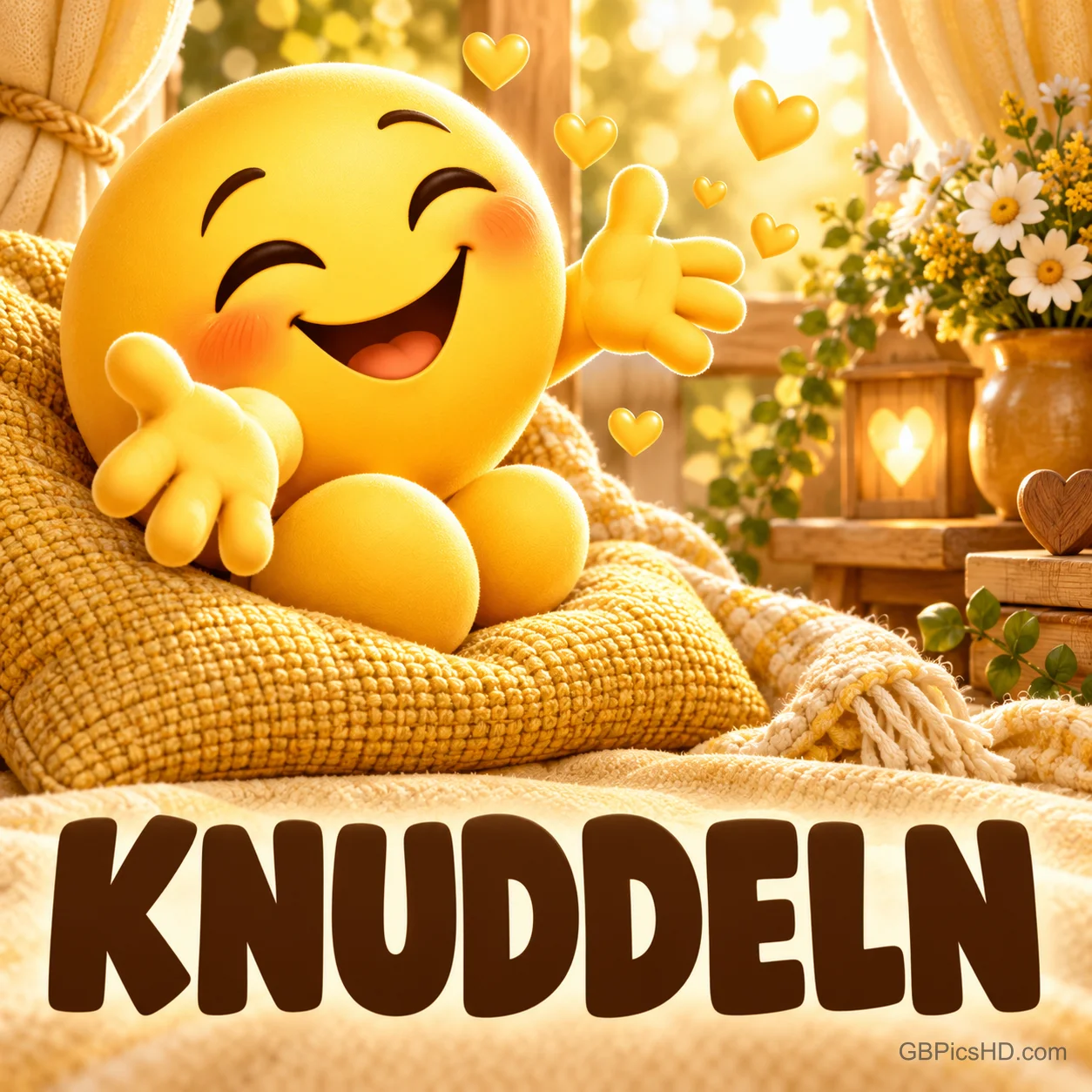 Fröhlicher gelber Smiley mit ausgebreiteten Armen sitzt auf einem gemütlichen Strickkissen bei Kerzenlicht, umgeben von kleinen Herzen und Blumen, darunter das Wort KNUDDELN Fröhlicher gelber Smiley mit ausgebreiteten Armen sitzt auf einem gemütlichen Strickkissen bei Kerzenlicht, umgeben von kleinen Herzen und Blumen, darunter das Wort KNUDDELN