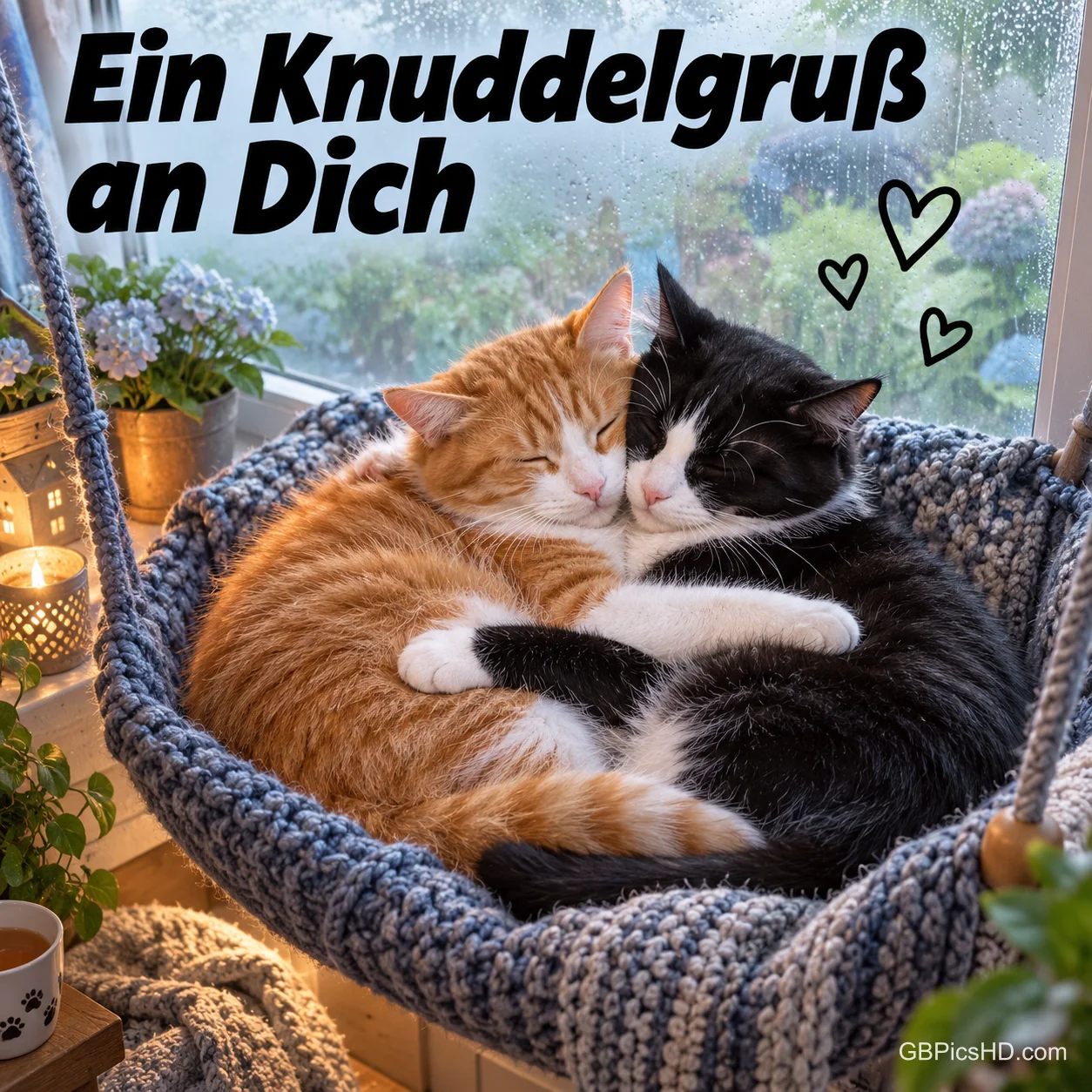 Eine rote und eine schwarz-weiße Katze schlafen eng aneinandergekuschelt in einer gehäkelten Hängematte am Fenster, darüber kleine gezeichnete Herzen Eine rote und eine schwarz-weiße Katze schlafen eng aneinandergekuschelt in einer gehäkelten Hängematte am Fenster, darüber kleine gezeichnete Herzen