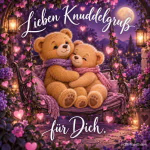 Zwei Teddybären mit Schals umarmen sich auf einer blumengeschmückten Hollywoodschaukel im lila Abendlicht, umgeben von Laternen und schwebenden Herzen