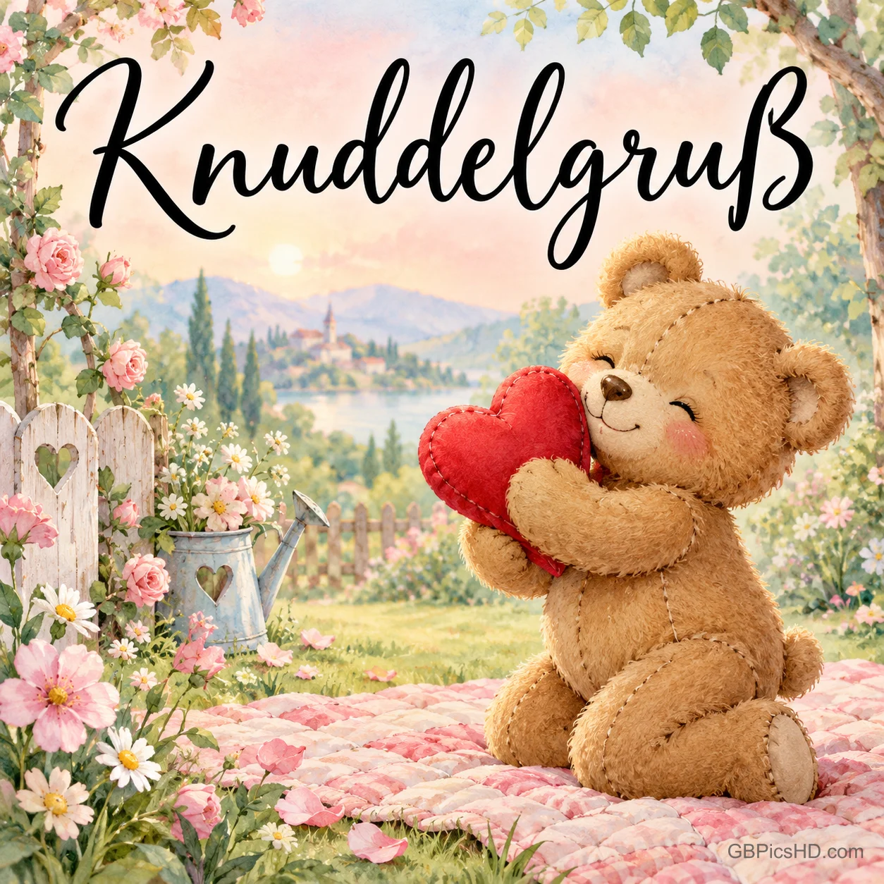 Lächelnder Teddybär kniet auf einer rosa Decke in einem blühenden Garten und drückt ein rotes Stoffherz an sich, im Hintergrund ein See und ein Dorf Lächelnder Teddybär kniet auf einer rosa Decke in einem blühenden Garten und drückt ein rotes Stoffherz an sich, im Hintergrund ein See und ein Dorf