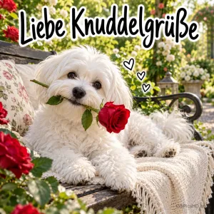 Weißer, flauschiger Hund liegt auf einer Gartenbank mit Strickdecke und hält eine rote Rose im Maul, umgeben von Rosenbüschen und kleinen Herzen