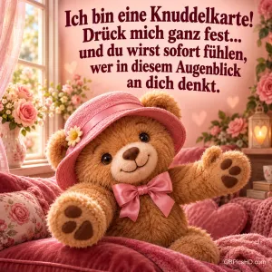 Teddybär mit rosa Blumenhut und Schleife breitet auf einem Sofa mit Herzkissen die Arme aus, im Hintergrund ein sonniges Fenster mit Rosen