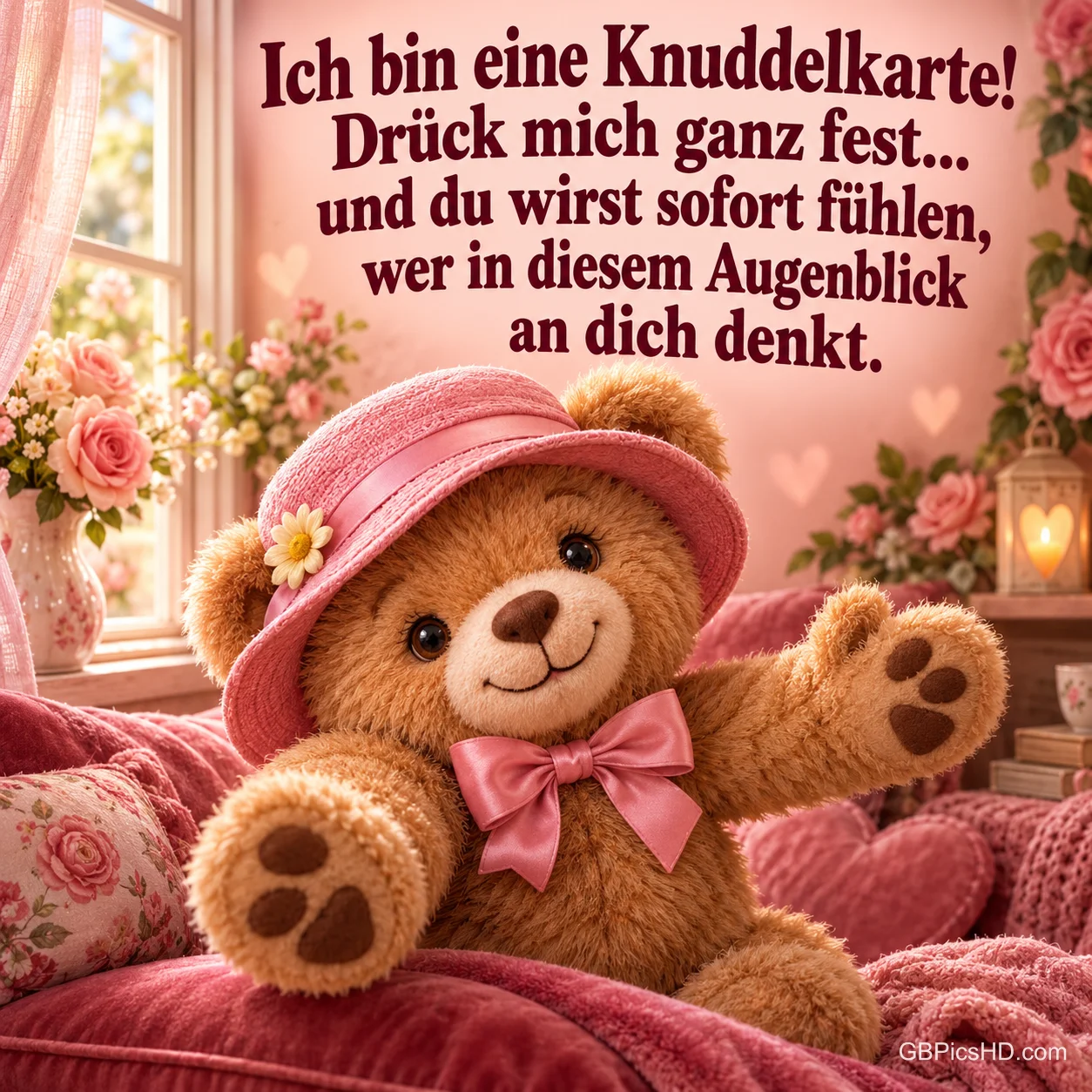 Teddybär mit rosa Blumenhut und Schleife breitet auf einem Sofa mit Herzkissen die Arme aus, im Hintergrund ein sonniges Fenster mit Rosen Teddybär mit rosa Blumenhut und Schleife breitet auf einem Sofa mit Herzkissen die Arme aus, im Hintergrund ein sonniges Fenster mit Rosen