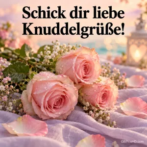Zartrosa Rosen mit Tautropfen liegen auf einem hellen Seidentuch zwischen Rosenblättern und Schleierkraut, im Hintergrund weiches Licht und eine Laterne