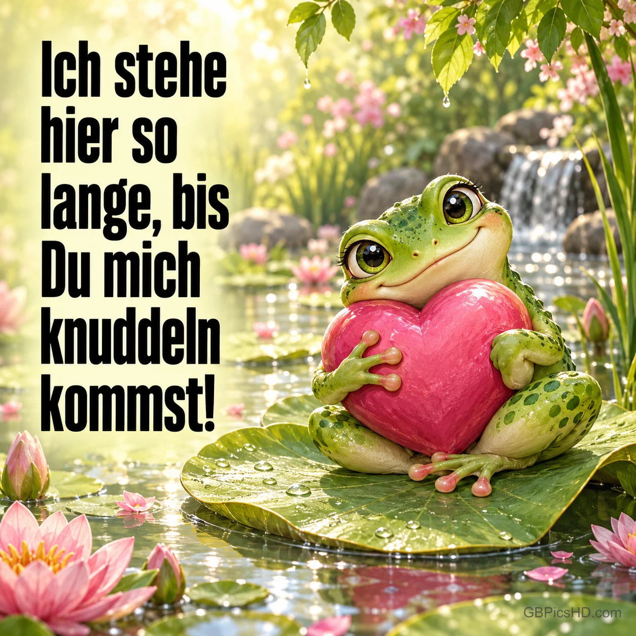 Lächelnder grüner Frosch sitzt auf einem Seerosenblatt in einem Teich mit Wasserfall und Seerosen und hält ein großes rosa Herz in den Armen Lächelnder grüner Frosch sitzt auf einem Seerosenblatt in einem Teich mit Wasserfall und Seerosen und hält ein großes rosa Herz in den Armen