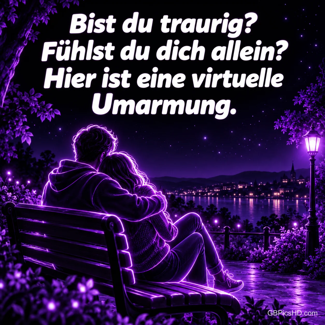 Neonviolette Illustration eines Paares, das sich nachts auf einer Parkbank am See umarmt, darüber die tröstenden Worte über eine virtuelle Umarmung Neonviolette Illustration eines Paares, das sich nachts auf einer Parkbank am See umarmt, darüber die tröstenden Worte über eine virtuelle Umarmung