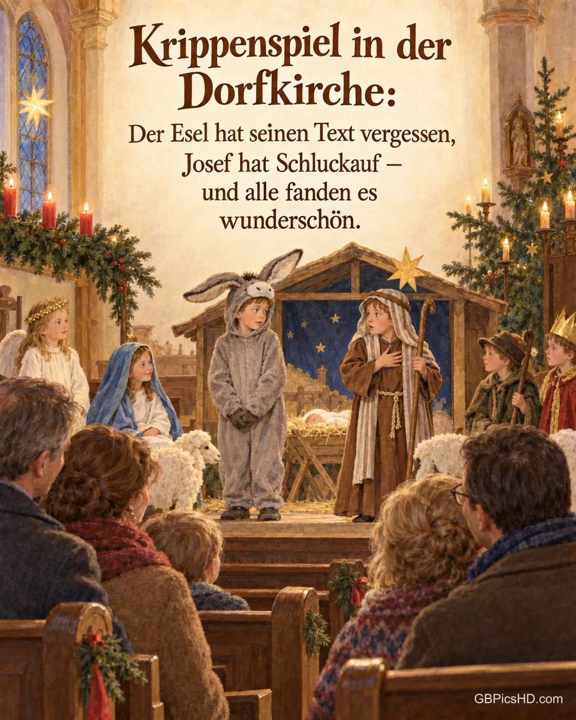 Ein Krippenspiel in der Dorfkirche, ein Junge im Eselskostüm schaut sich ratlos um, die Eltern schauen lächelnd zu, dazu „Krippenspiel in der Dorfkirche“.