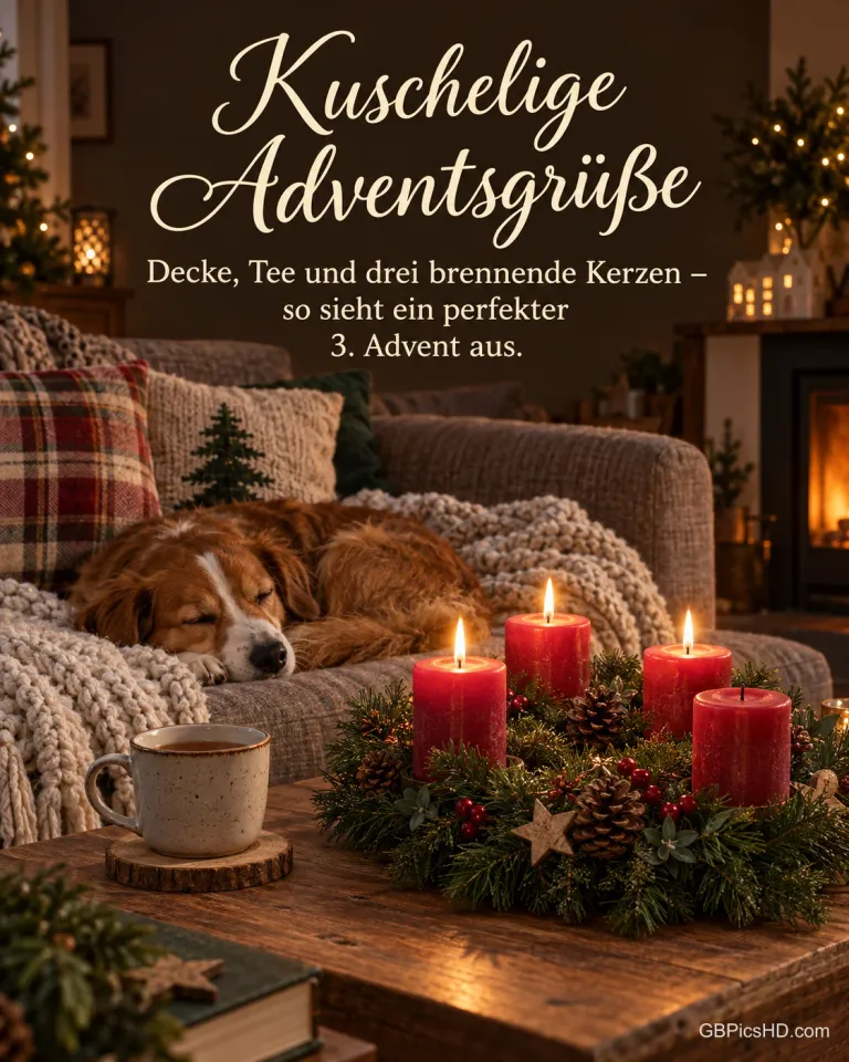 Ein Hund schläft auf dem Sofa unter einer Strickdecke, davor eine Tasse Tee und ein Adventskranz mit drei brennenden Kerzen, dazu "Kuschelige Adventsgrüße".