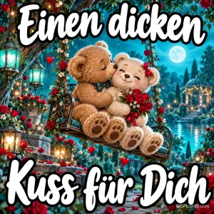 Zwei Teddybären sitzen küssend auf einer Rosenschaukel unter dem Gruß "Einen dicken Kuss für Dich".