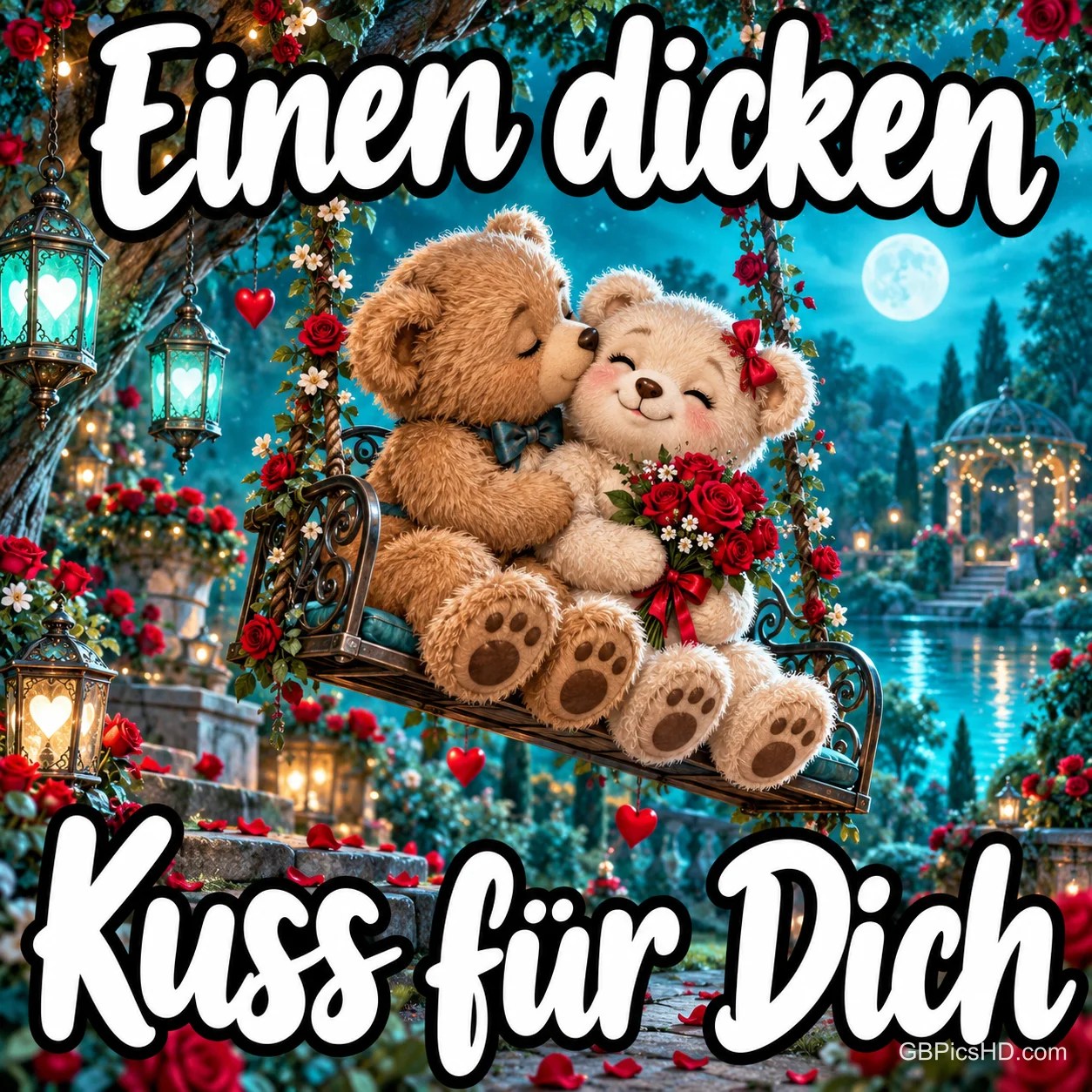 Zwei Teddybären sitzen küssend auf einer Rosenschaukel unter dem Gruß "Einen dicken Kuss für Dich". Zwei Teddybären sitzen küssend auf einer Rosenschaukel unter dem Gruß "Einen dicken Kuss für Dich".