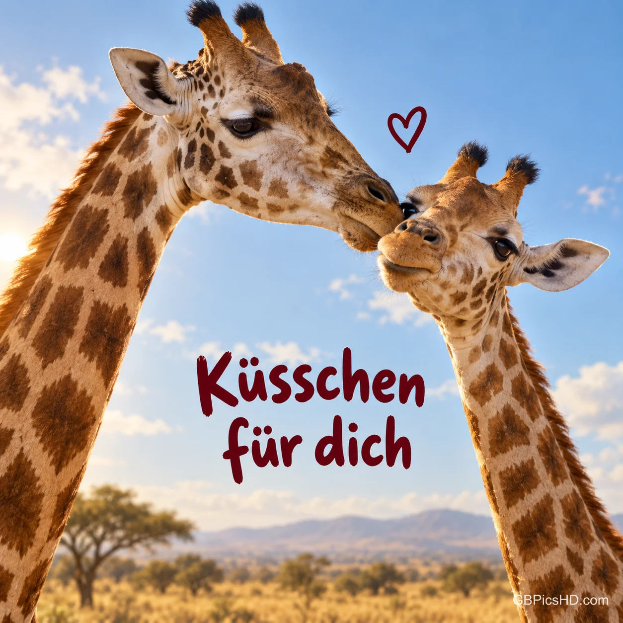 Zwei Giraffen geben sich in der afrikanischen Savanne unter blauem Himmel einen zärtlichen Kuss, daneben steht "Küsschen für dich" mit einem kleinen Herz. Zwei Giraffen geben sich in der afrikanischen Savanne unter blauem Himmel einen zärtlichen Kuss, daneben steht "Küsschen für dich" mit einem kleinen Herz.