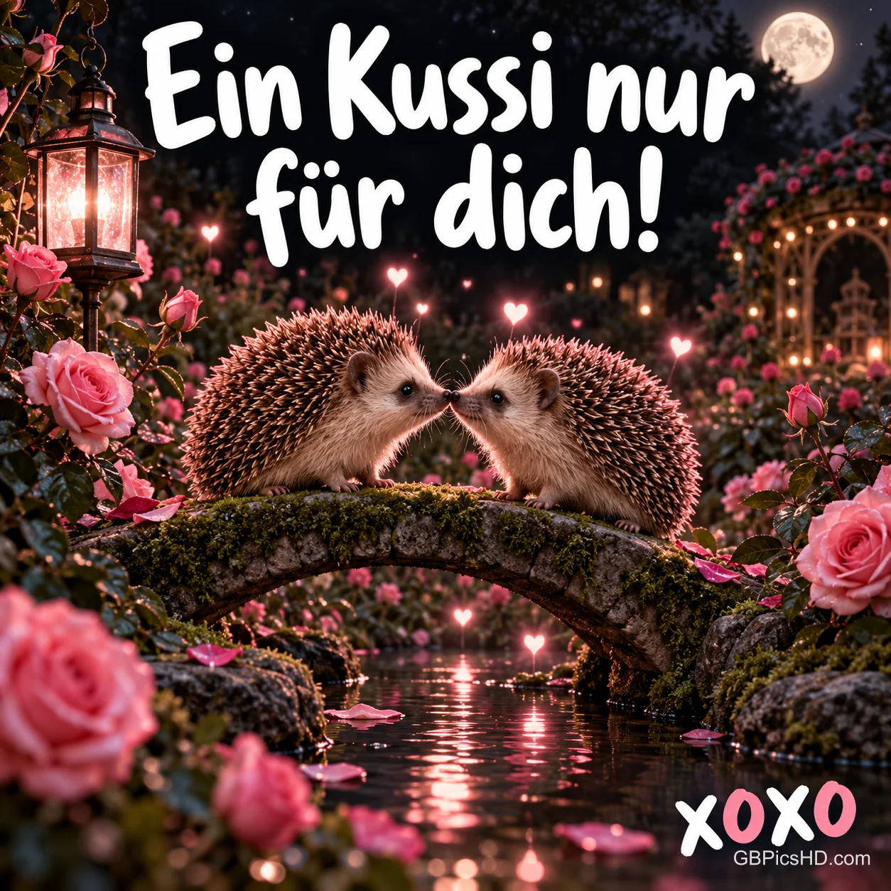 Zwei Igel berühren sich auf einer Steinbrücke im Rosengarten unter dem Gruß "Ein Kussi nur für dich!". Zwei Igel berühren sich auf einer Steinbrücke im Rosengarten unter dem Gruß "Ein Kussi nur für dich!".