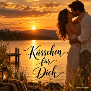 Ein verliebtes Paar küsst sich innig am Seeufer im goldenen Licht des Sonnenuntergangs, daneben steht in geschwungener Schrift "Küsschen für Dich".