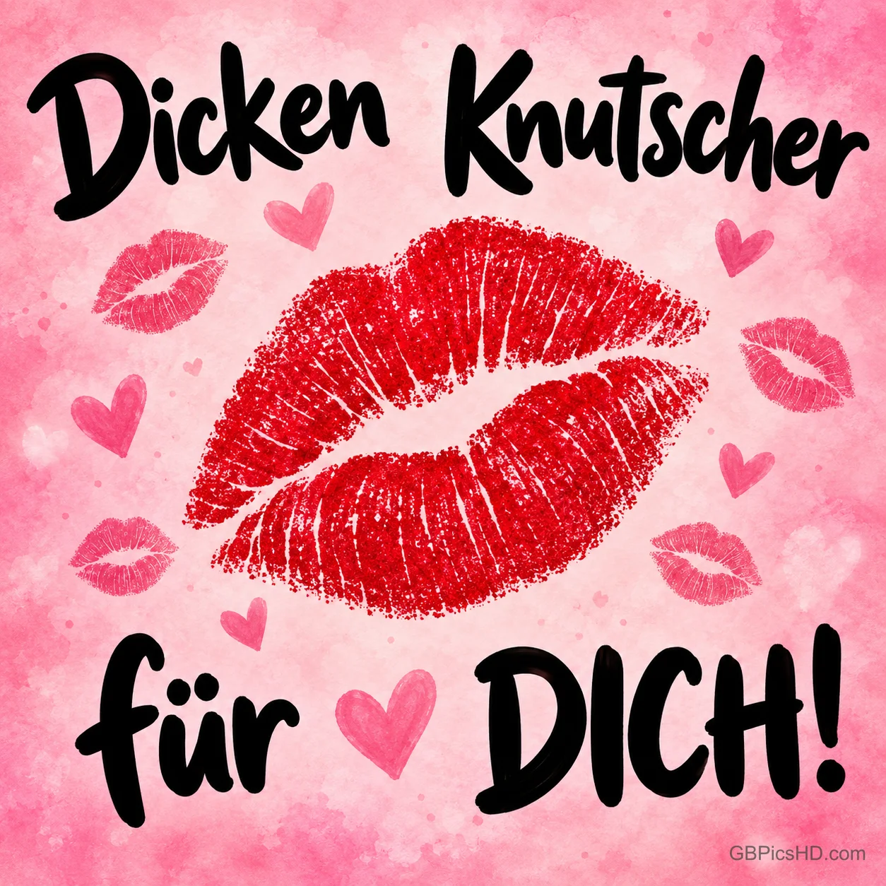 Ein großer roter Lippenabdruck umgeben von kleinen Kussmündern und Herzen auf rosa Hintergrund mit dem Schriftzug "Dicken Knutscher für DICH!". Ein großer roter Lippenabdruck umgeben von kleinen Kussmündern und Herzen auf rosa Hintergrund mit dem Schriftzug "Dicken Knutscher für DICH!".
