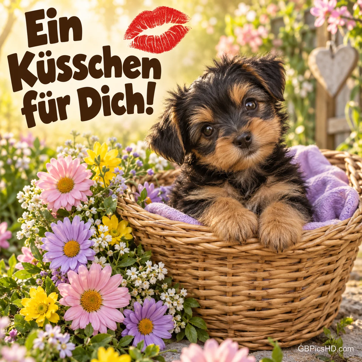 Ein kleiner Yorkshire-Terrier-Welpe sitzt in einem Weidenkorb zwischen bunten Frühlingsblumen, darüber ein roter Kussmund und der Text "Ein Küsschen für Dich!". Ein kleiner Yorkshire-Terrier-Welpe sitzt in einem Weidenkorb zwischen bunten Frühlingsblumen, darüber ein roter Kussmund und der Text "Ein Küsschen für Dich!".