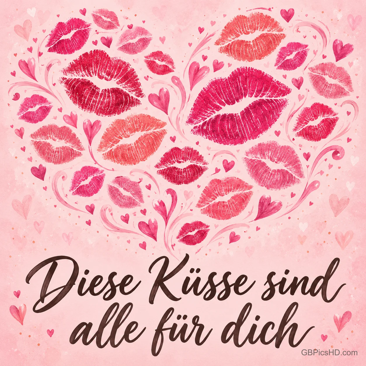 Zahlreiche Lippenabdrücke in Rosa- und Rottönen formen ein großes Herz auf zartrosa Grund, darunter steht "Diese Küsse sind alle für dich". Zahlreiche Lippenabdrücke in Rosa- und Rottönen formen ein großes Herz auf zartrosa Grund, darunter steht "Diese Küsse sind alle für dich".