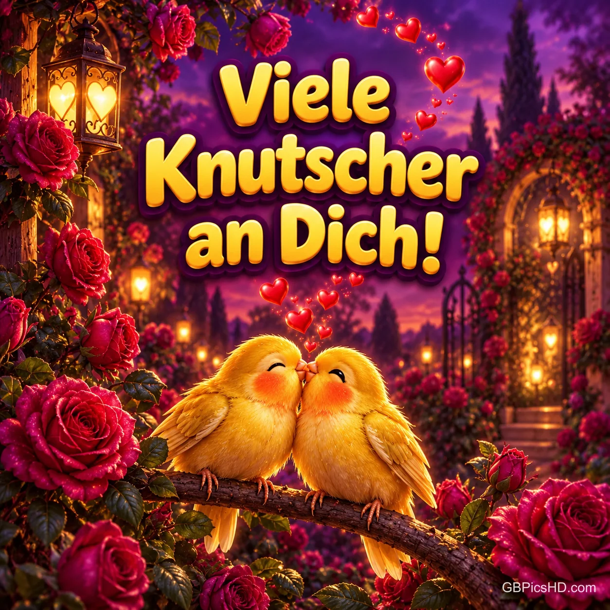 Zwei gelbe Vögel küssen sich auf einem Ast zwischen Rosen und roten Herzen unter "Viele Knutscher an Dich!". Zwei gelbe Vögel küssen sich auf einem Ast zwischen Rosen und roten Herzen unter "Viele Knutscher an Dich!".