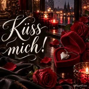 Ein Herzanhänger liegt in einer roten Schmuckschachtel zwischen Rosen und Kerzen neben dem Gruß "Küss mich!".