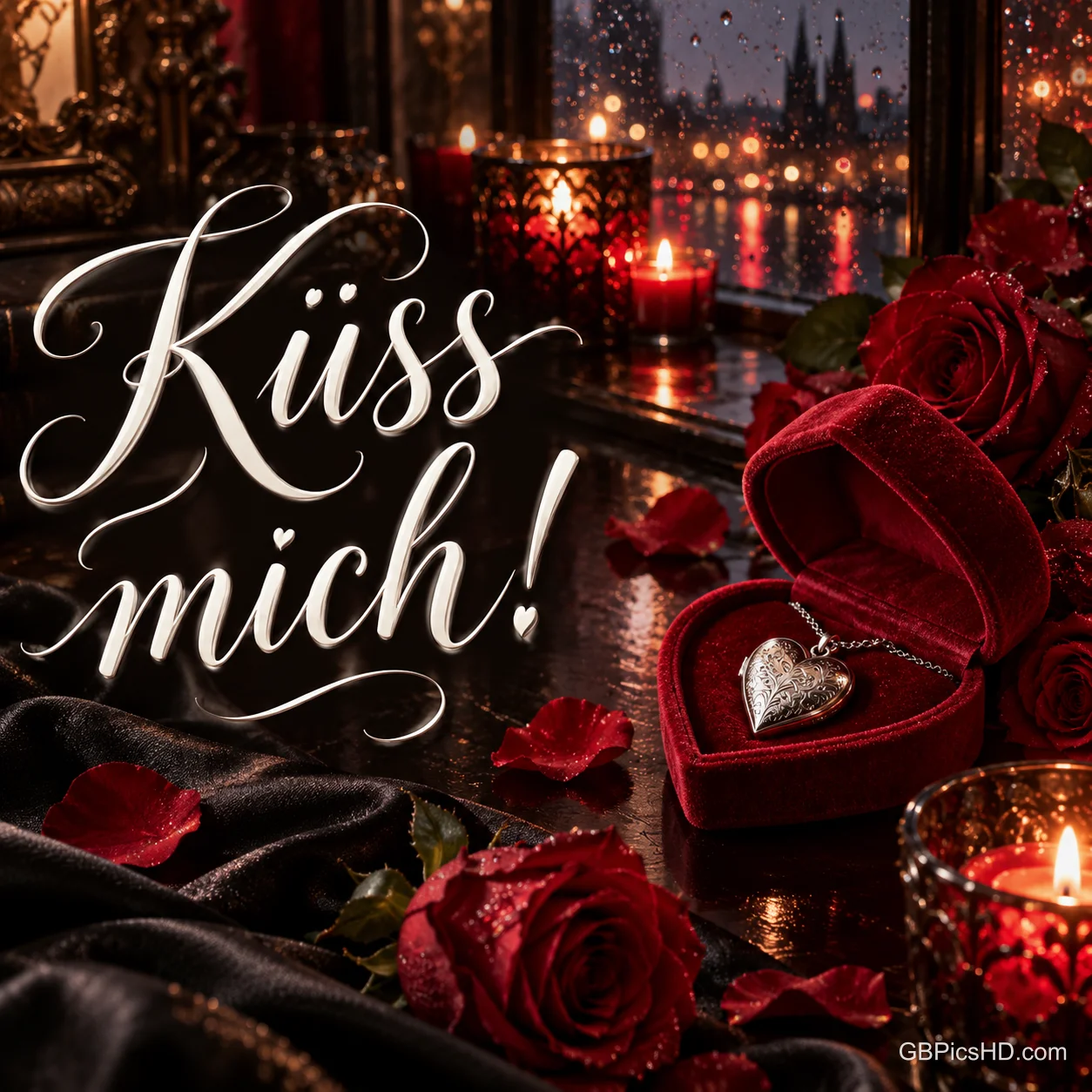 Ein Herzanhänger liegt in einer roten Schmuckschachtel zwischen Rosen und Kerzen neben dem Gruß "Küss mich!". Ein Herzanhänger liegt in einer roten Schmuckschachtel zwischen Rosen und Kerzen neben dem Gruß "Küss mich!".