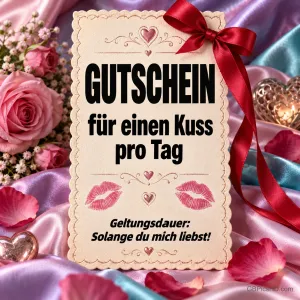 Romantischer Gutschein mit roter Schleife auf rosa Satin, umgeben von Rosen, Rosenblättern und Kussmündern, gültig für einen Kuss pro Tag, solange du mich liebst